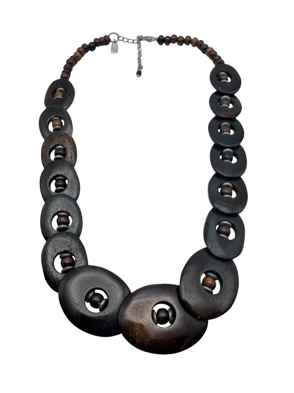 Large Chunky Dark Wood Disc J Jill Statement Necklace Adjustable Boho Tribal